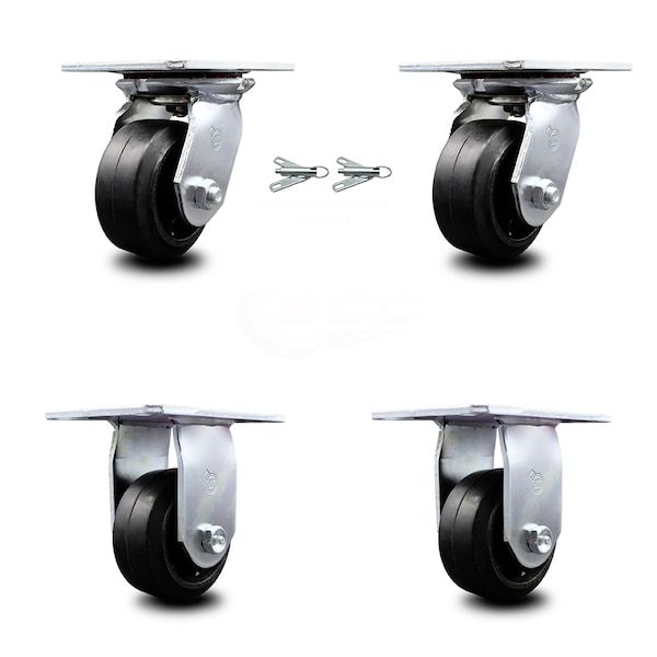 4 Inch Rubber on Steel Caster Set with Ball Bearing 2 Swivel Lock and 2 Rigid